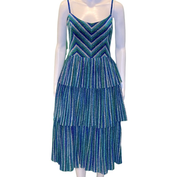NWT Dress the Population Blue Green Kathy Metallic Stripe Dress - Sz M - Picture 3 of 10